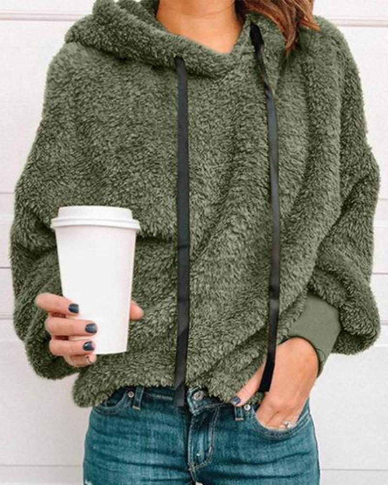 

Solid Hooded Teddy Pullover, Green
