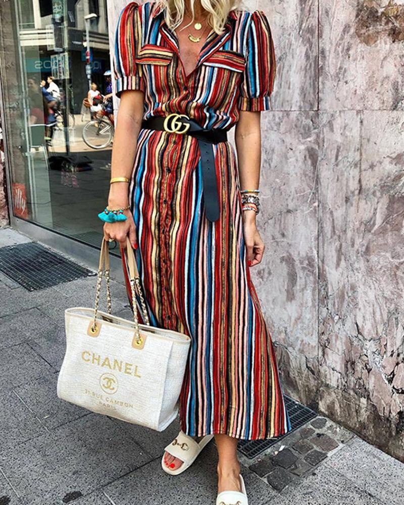 

Colorful Striped Maxi Shirt Dress, Red