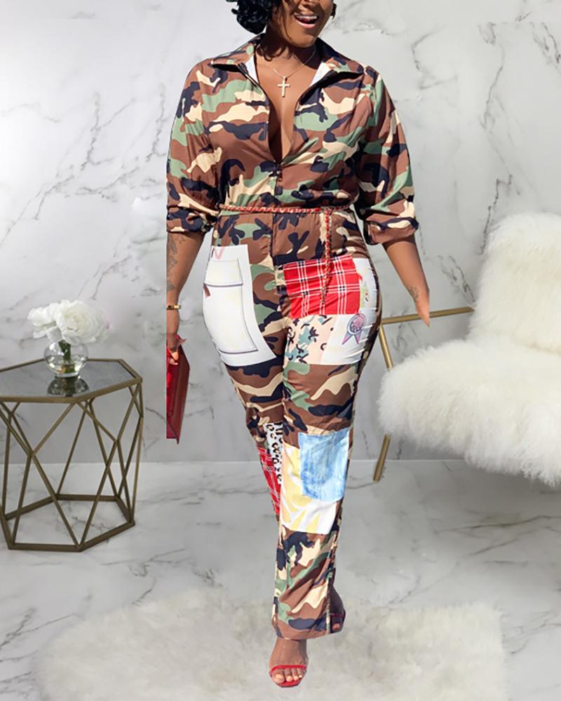 

Slim-fit Camouflage Printed Jumpsuit, Army green