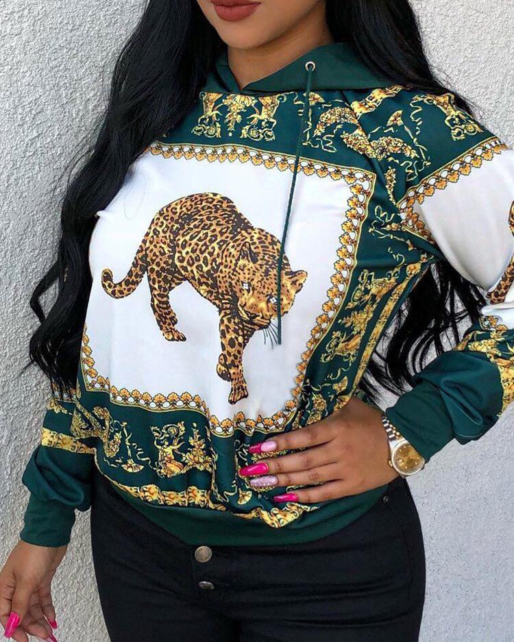 

Tiger Print Long Sleeve Casual Hoodies, Green