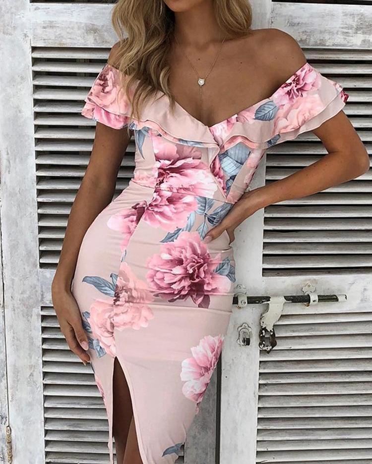 

Floral Ruffle Off Shoulder Split Midi Dress, Pink
