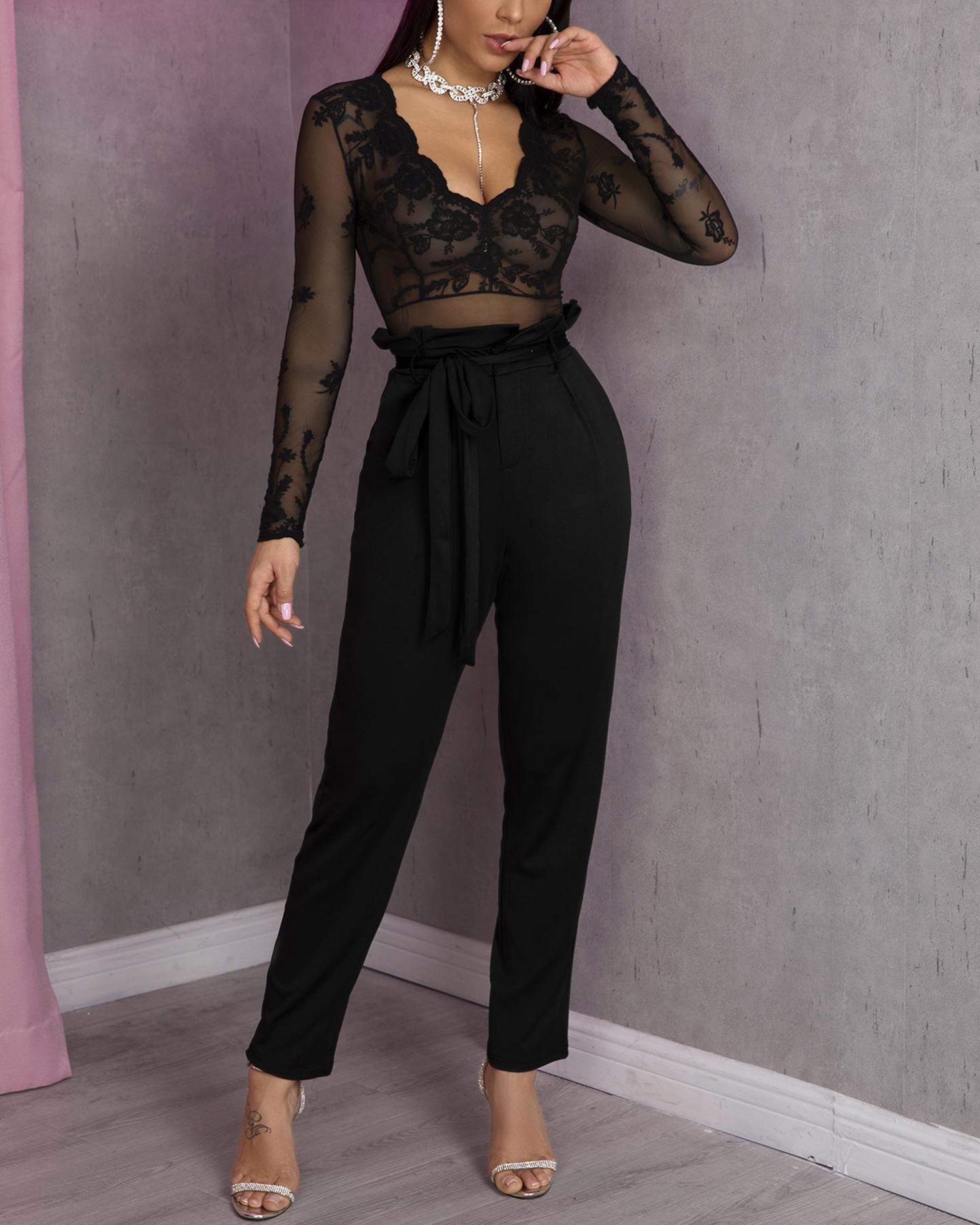 

Frills High Waist Long Pants, Black