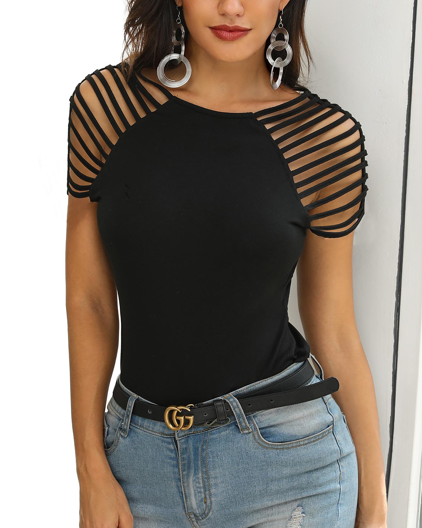 

Solid Ladder Hollow Out Casual T-shirt, Black