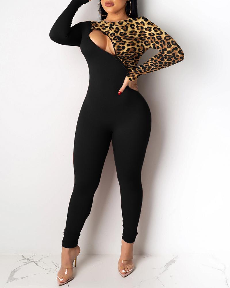 

Colorblock Cutout Leopard Jumpsuit, Black