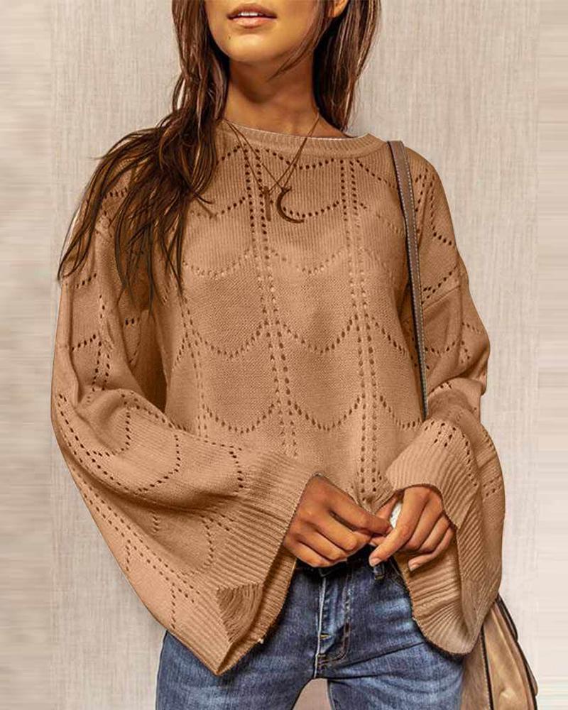 

Plain Hollow-out Long Sleeve Sweater, Khaki