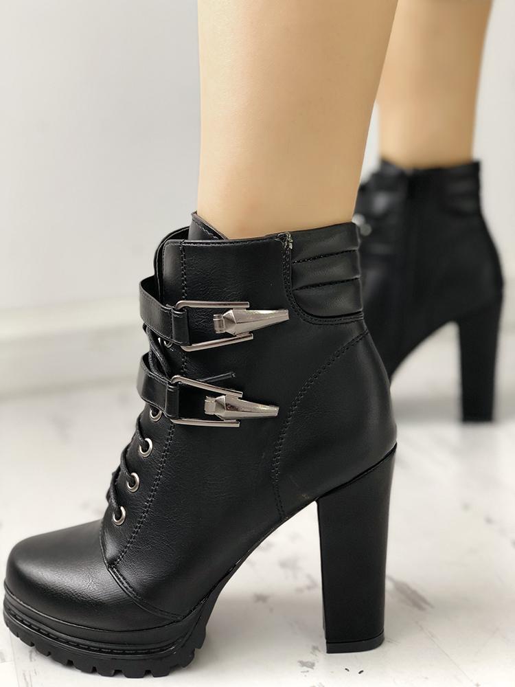 

Lace-Up Buckle Platform Chunky Heeled Ankle Boots