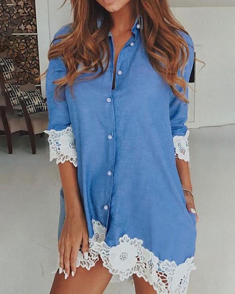 

Lace Hem Denim Long Sleeve Shirt Dress