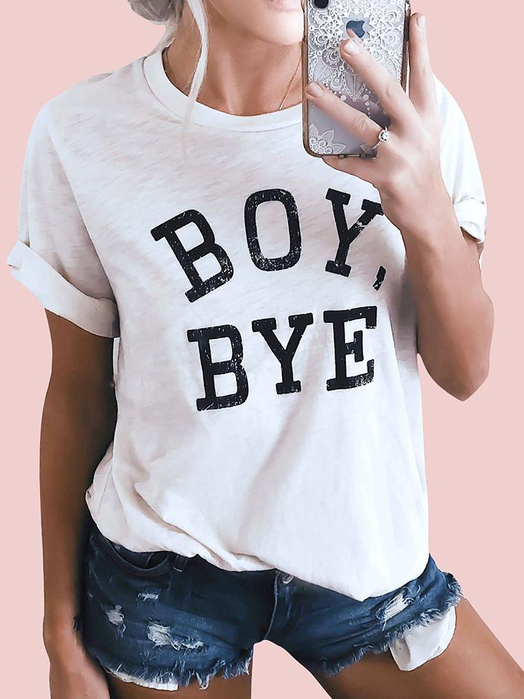 

Letter Print Roll Up Sleeve T-Shirt, White