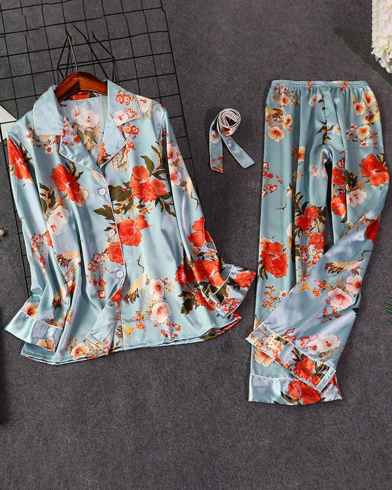 

Print Long Sleeve Pajamas Set, Blue