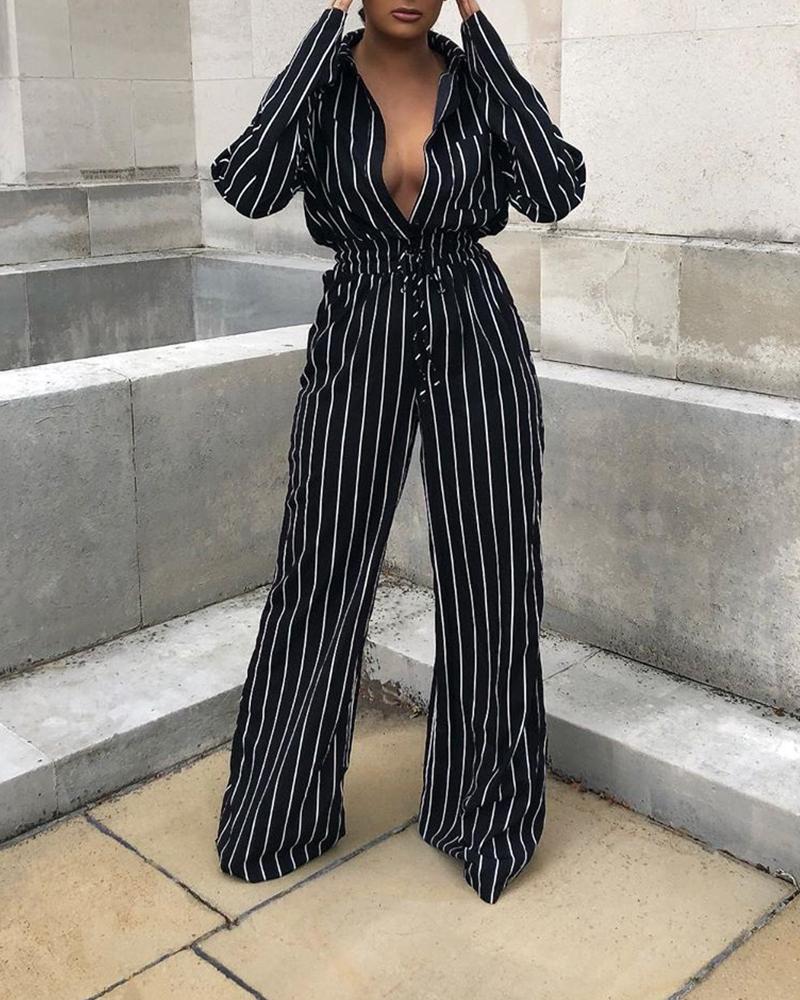 

Sexy Deep V Striped Jumpsuit