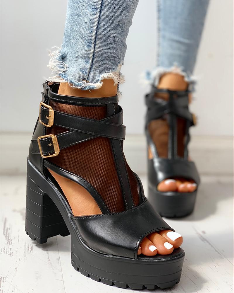 

Patchwork Mesh Hollow Out Platform Chunky Heeled Sandals, Black