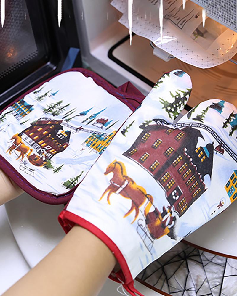 

2PCS Chrismtas Print Microwave Oven Glove & Insulation Pad Set, Style3