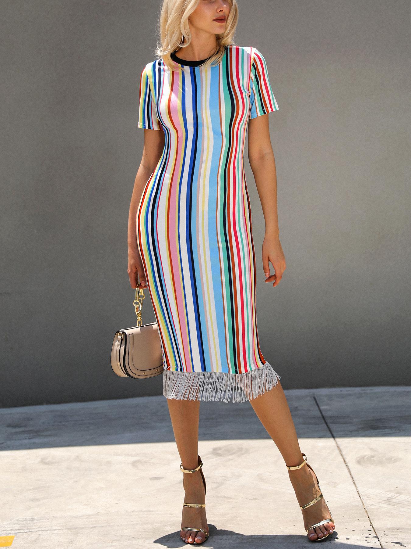 

Oversize Colorfull Striped Tassel Hem Casual Dress