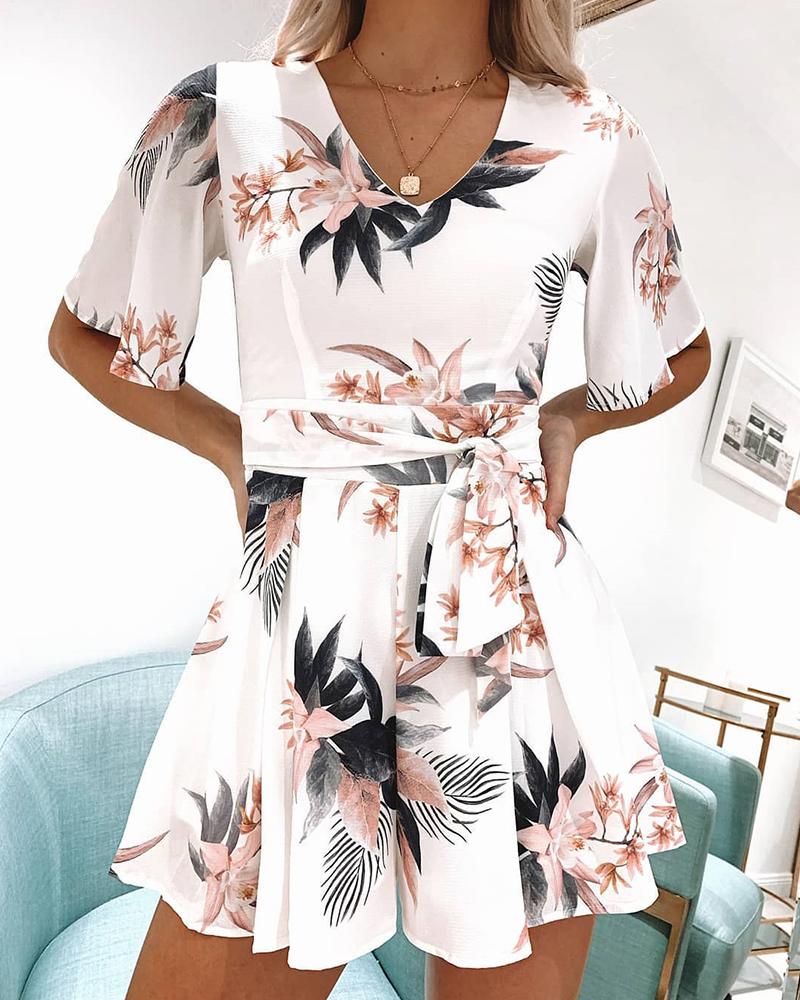 

Floral V Neck Mini Dress, White