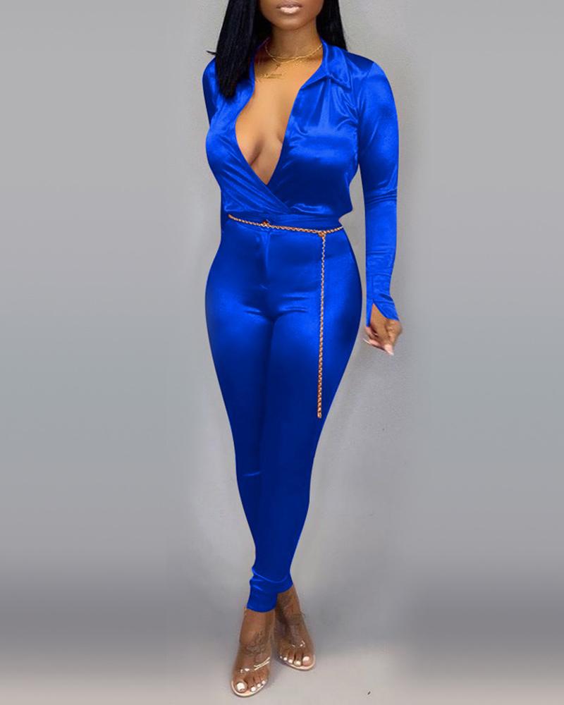 

Solid Turn-down Collar Slit Cuff Shirt & Pants Sets, Blue