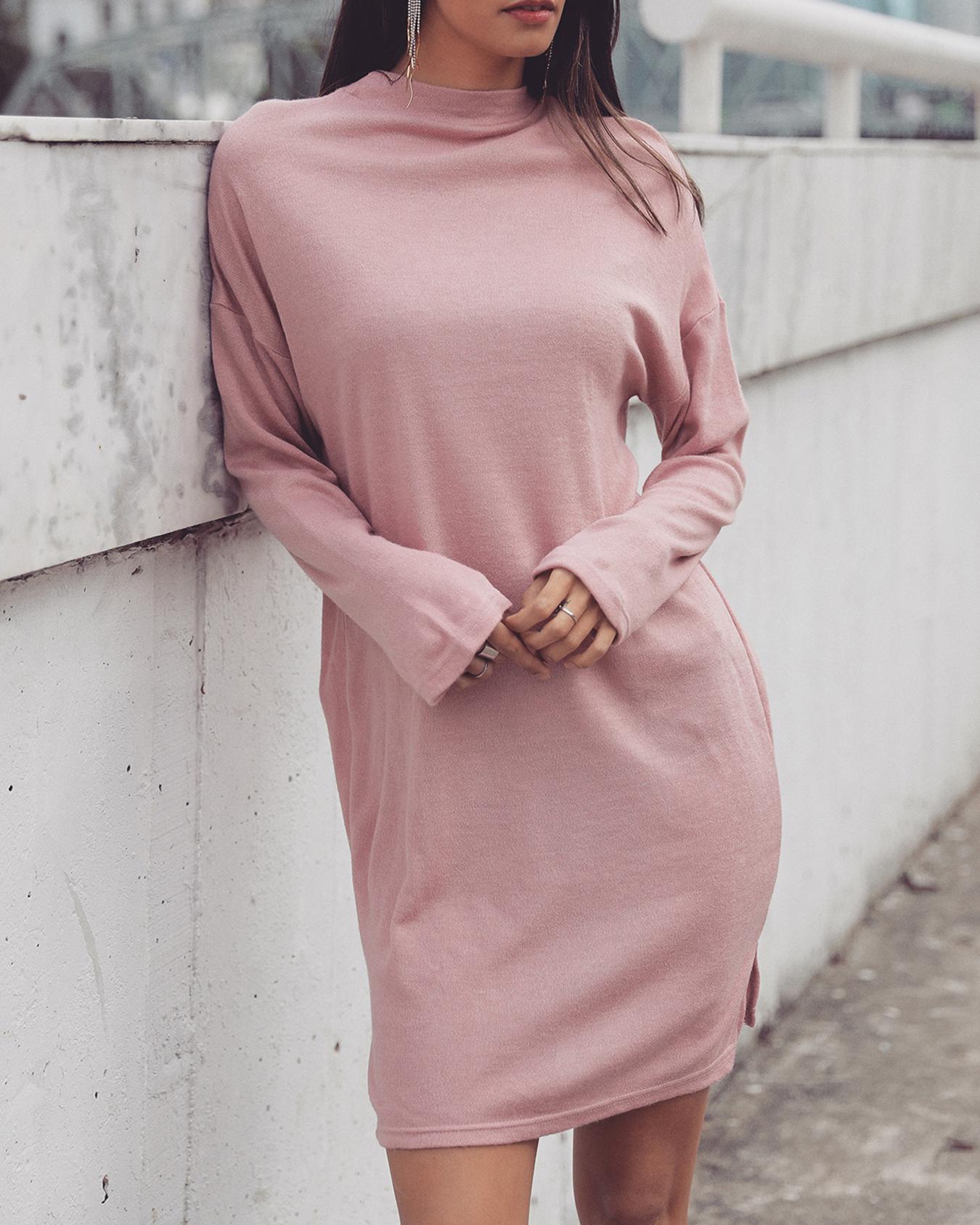 

Solid High Neck Slit Casual Dress, Pink