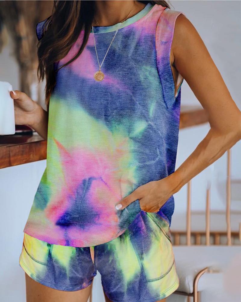 

Tie Dye Print Sleeveless Casual Top & Shorts Set, Multicolor