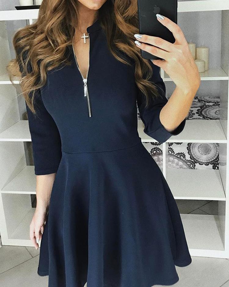 

Zipper 3/4 Sleeves Casual Pleated Dress, Dark blue