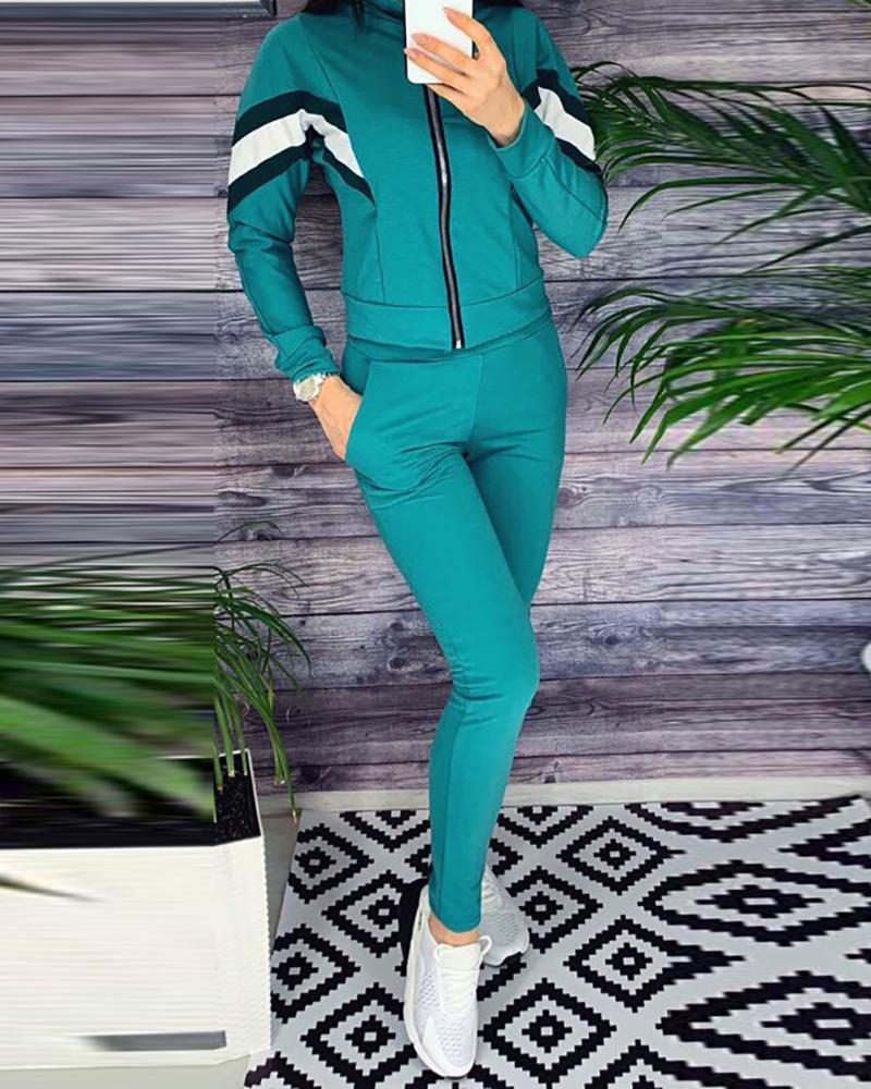 

Colorblock Zipper Design Top & Pocket Design Pants Set, Light green
