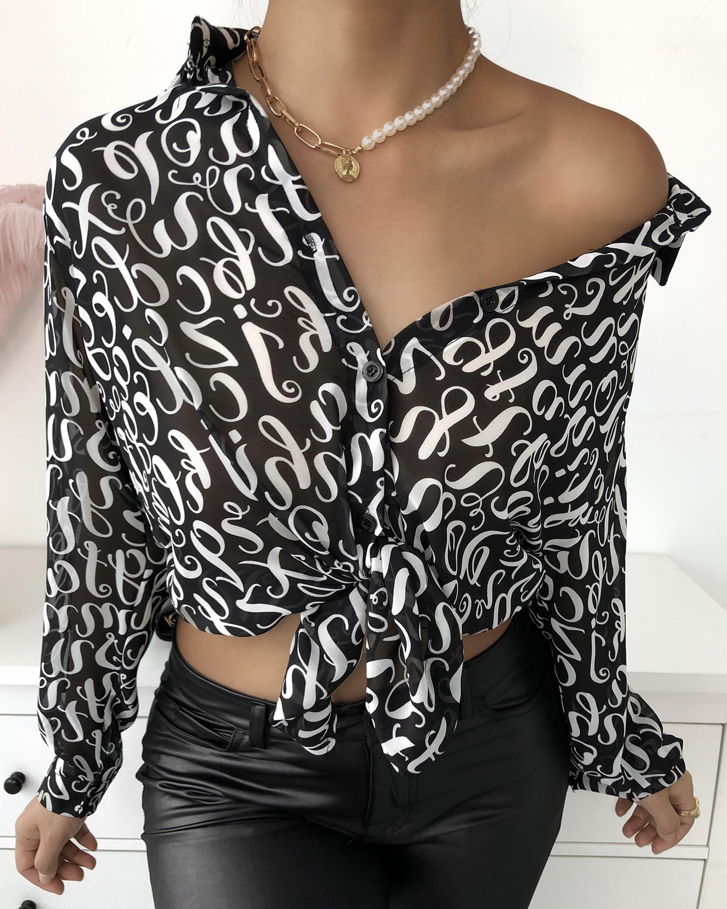 

Letter Print Chain Strap Backless Shirt, Black