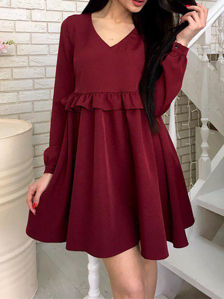 

V-Neck Ruffles Ruched Design Dress, Wine red