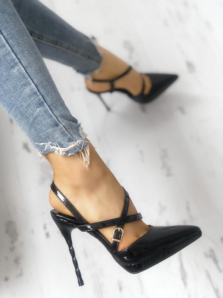 

Crisscross Buckled Pointed Toe Thin Heeled Sandals, Black