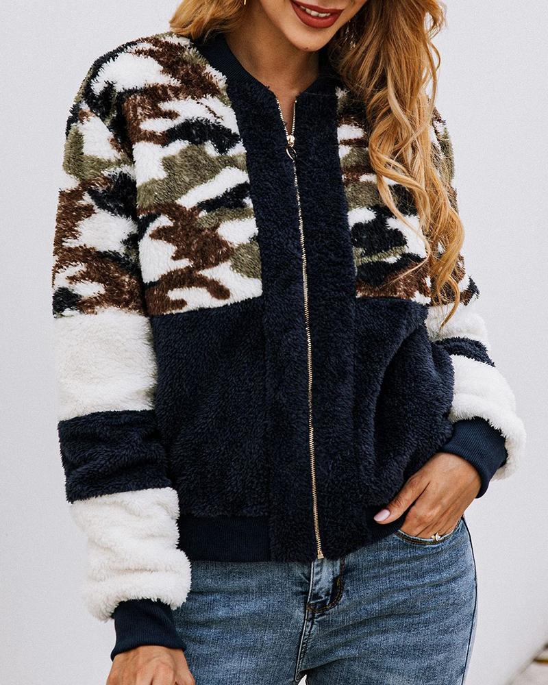 

Camouflage Colorblock Zipped Casual Coat, Dark blue