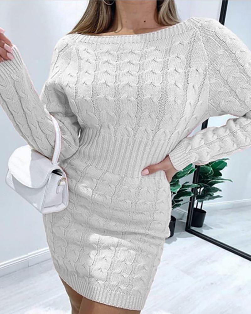 

Long Sleeve Solid Cable Knit Sweater Dress, White