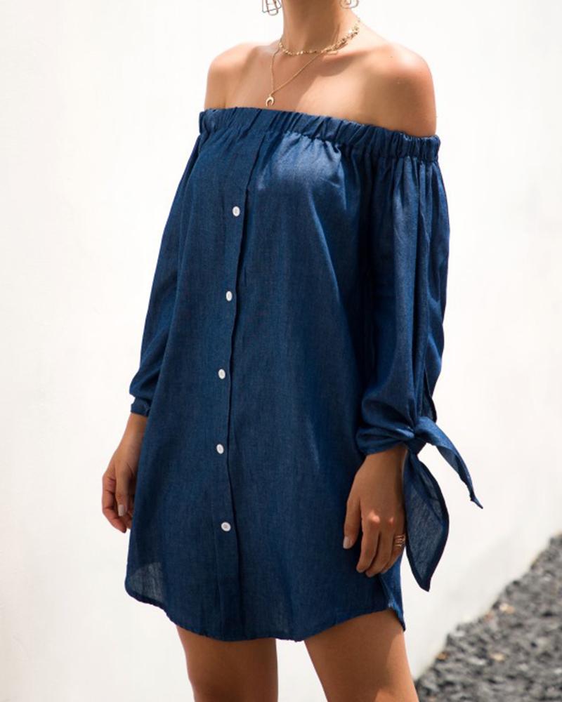 

Off-Shoulder Button Up Mini Dress, Dark blue