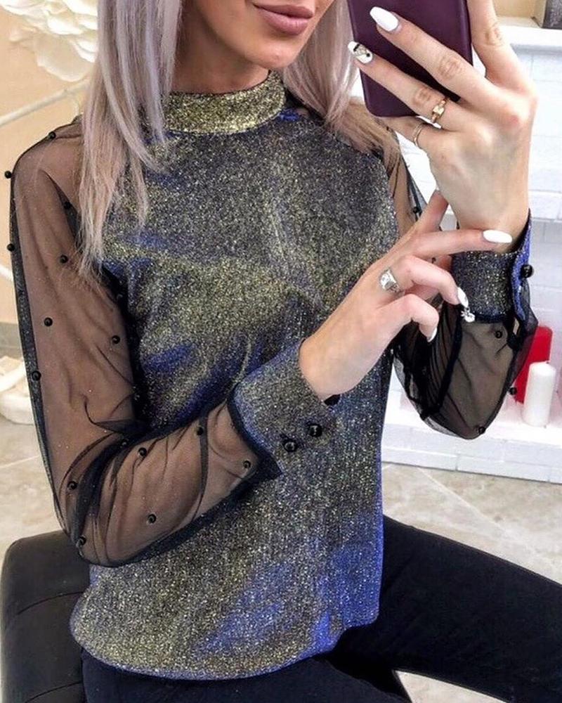 

Mesh Beaded Design Sequins Blouse, Gold