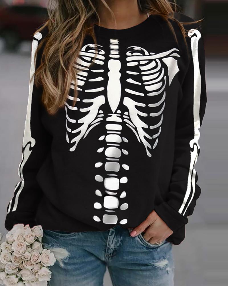 

Halloween Skeleton Print Casual Sweatshirt, Black