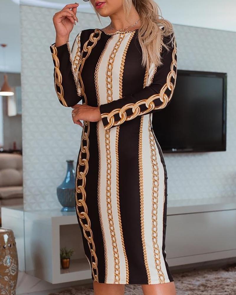 

Chain Print Striped Midi Dress, Black