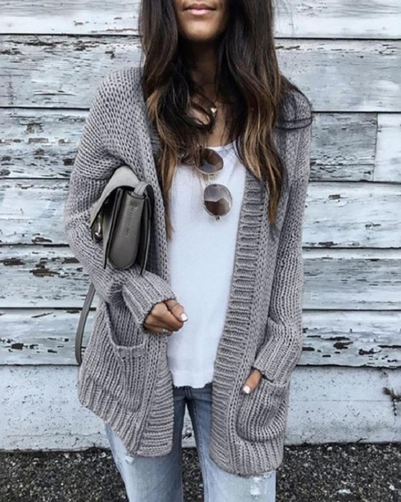

Solid Long Sleeve Open Front Pocket Cardigan, Gray