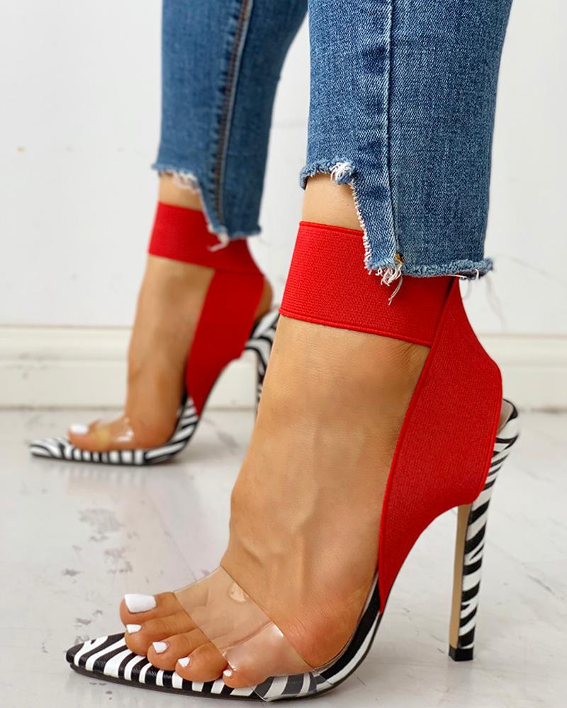 

Transparent Strap Zebra Thin Heeled Sandals, Red