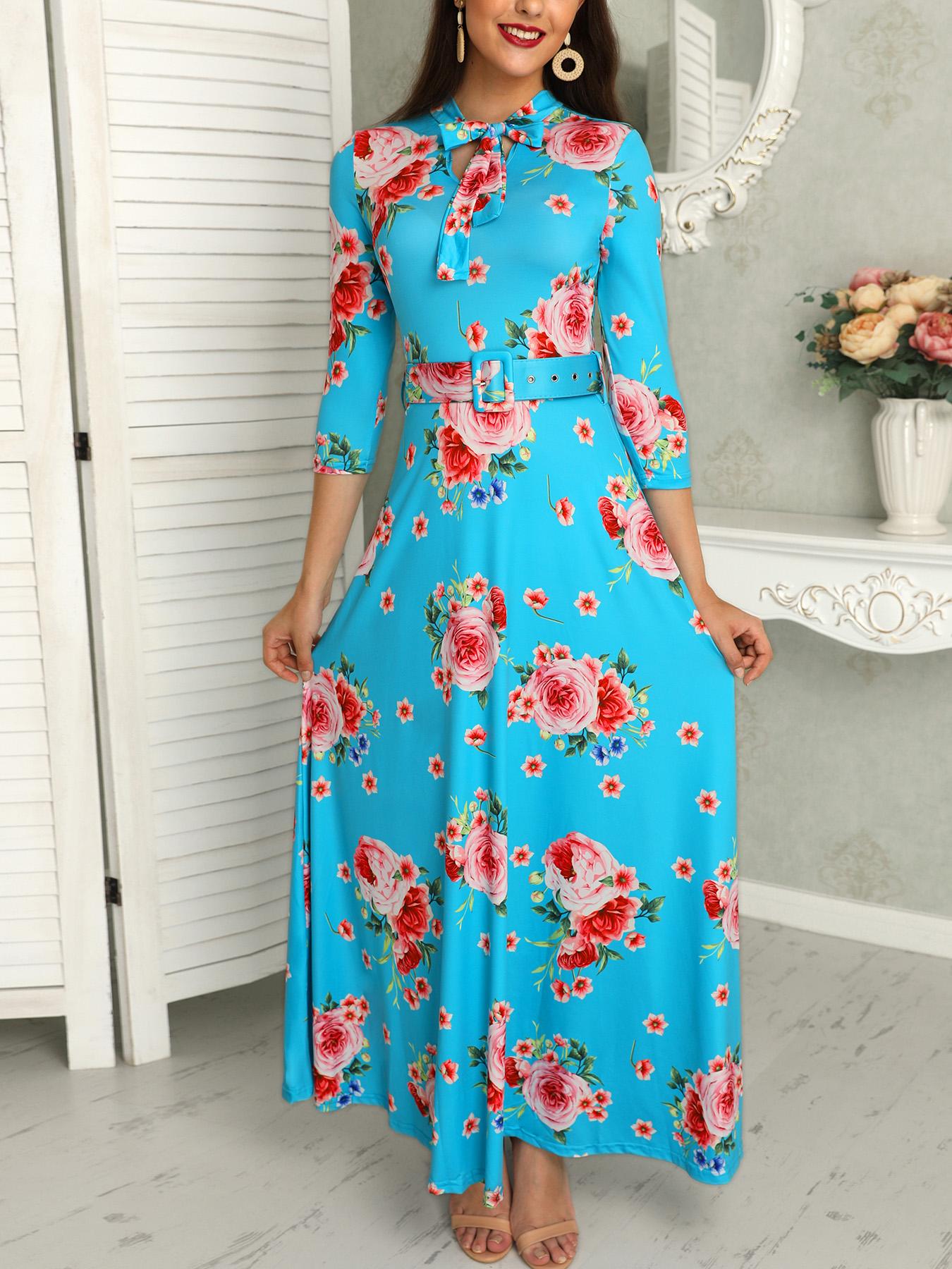 

Floral Print Tied Neck Belted Maxi Dress, Turquoise blue