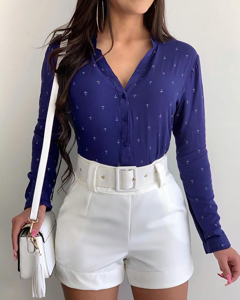 

Long Sleeve Casual Buttoned Print Blouse