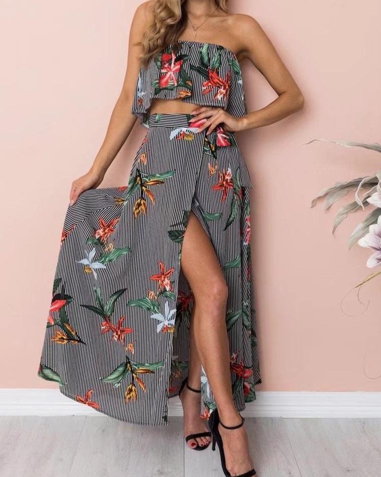 

Floral Print Strapless Top & Maxi Skirts Set, Multicolor