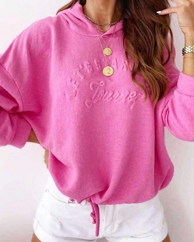 

Letter Pattern Lantern Sleeve Casual Hoodie, Hot pink