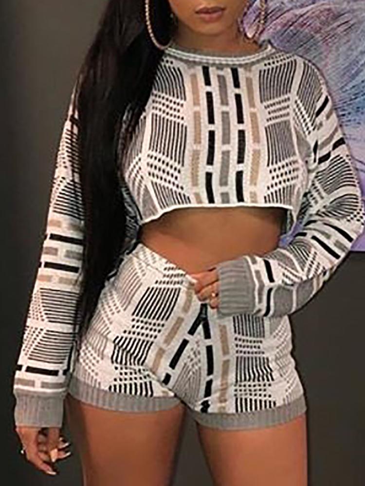 

Geo Print Long Sleeve Crop Top & Short Sets