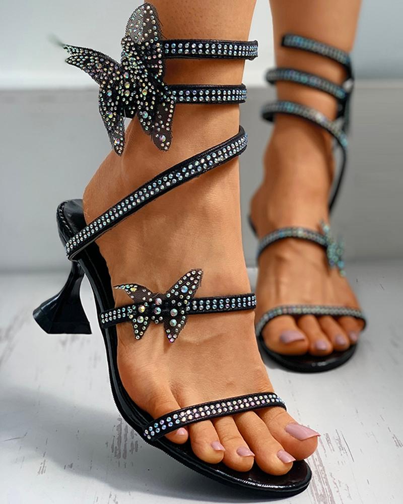 

Butterfly Pattern Studded Open Toe Pyramid Heel, Black