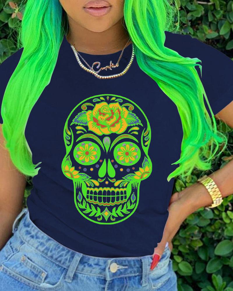 

Skull Figure Print Short Sleeve Casual T-shirt, Dark blue