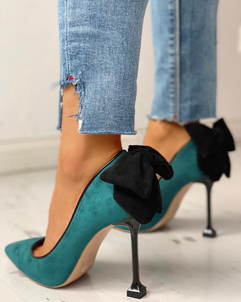 

Suede Pointed Toe Bowknot Back Thin Heels, Green
