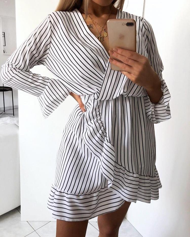

Ruffle Hem Striped Wrap Dress, White