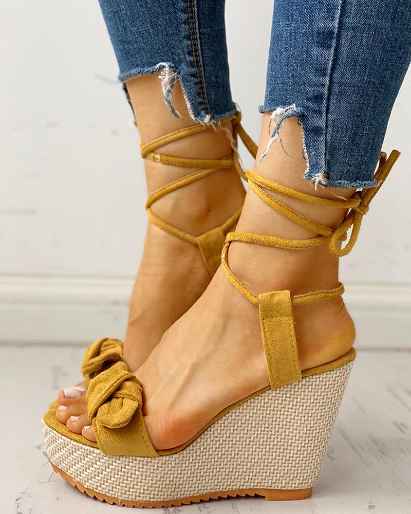 

Bowknot Lace-up Ankle Platform Wedge Sandals, Yellow