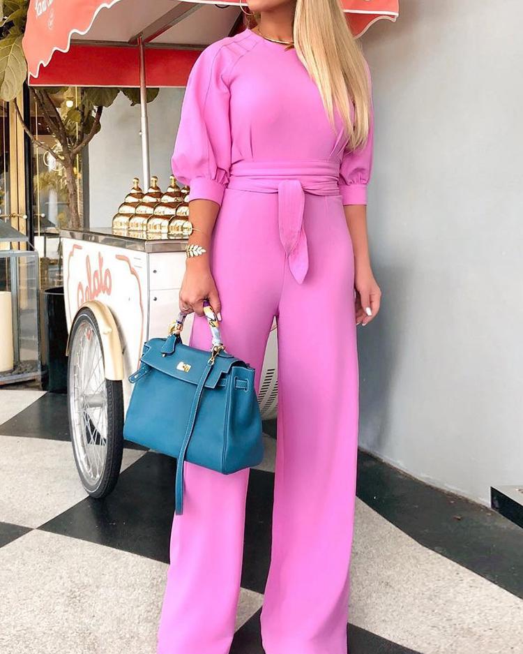 

Solid Puff Sleeve Wide Leg Belted Jumpsuit, Pink
