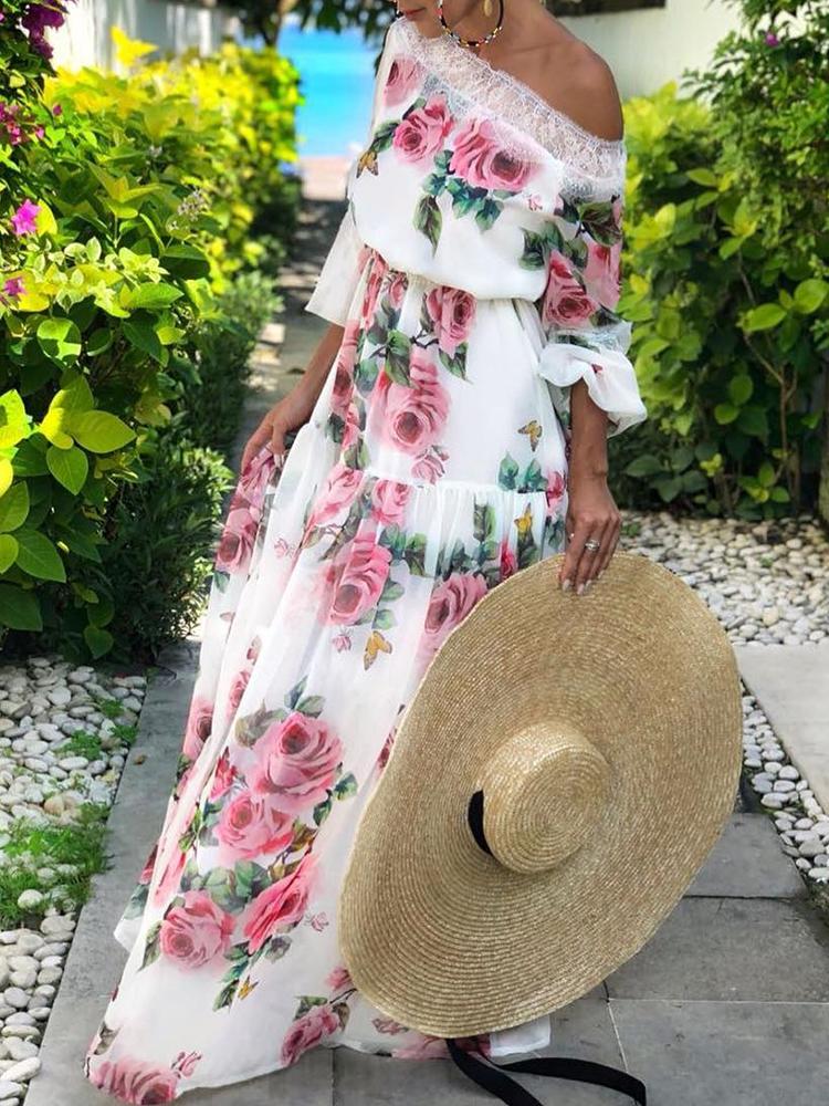 

Floral Print Lace Splicing Off Shoulder Maxi Dress, White