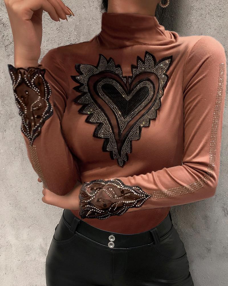 

Studded High Neck Long Sleeve Blouse, Khaki