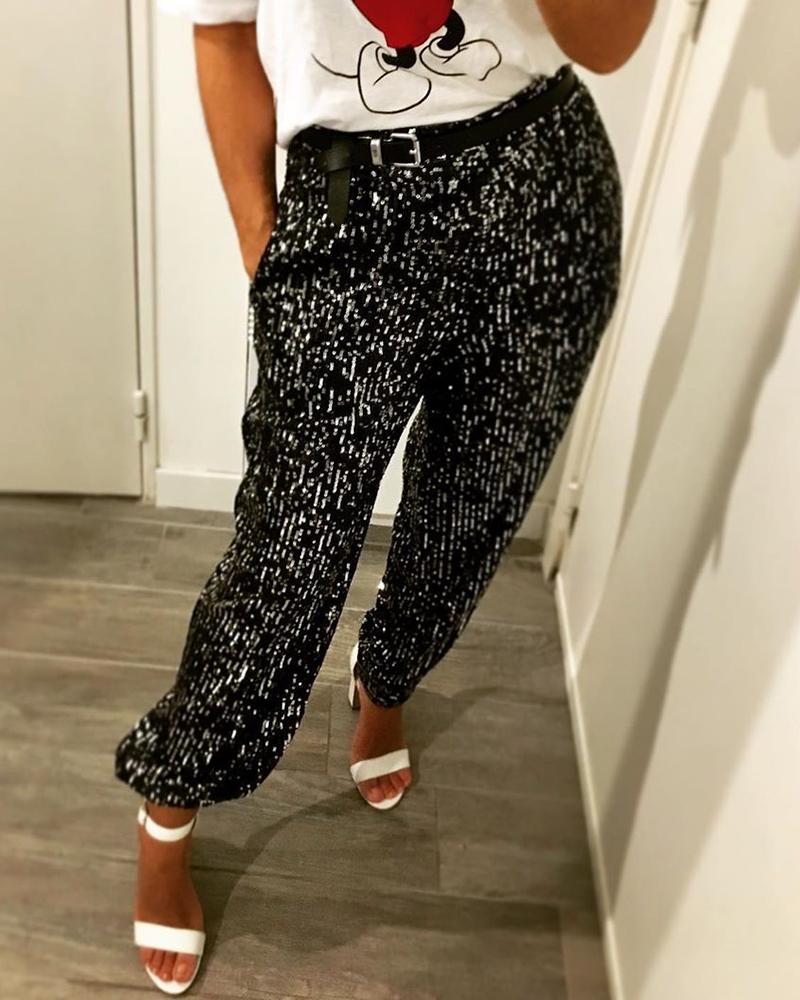 

Glitter High Waist Lantern Cuffed Sequins Pants