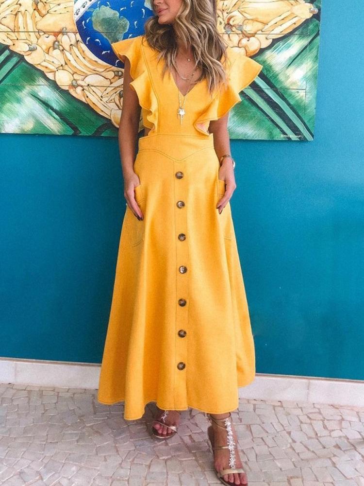 

Solid Flutter Sleeve Button Design Maxi Dress