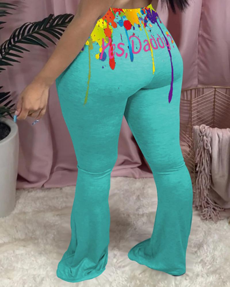 

Doodle Letter Print Fitted Bootcut Pants, Light blue